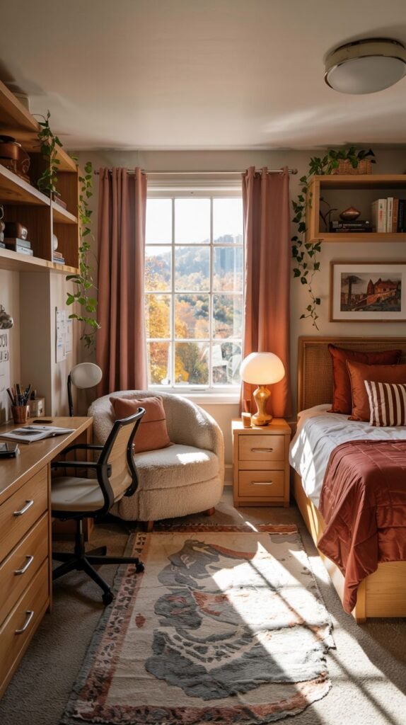 Cozy dorm room decorated with string lights, macrame wall hangings, plants, a bed with patterned bedding, and a wooden desk area.