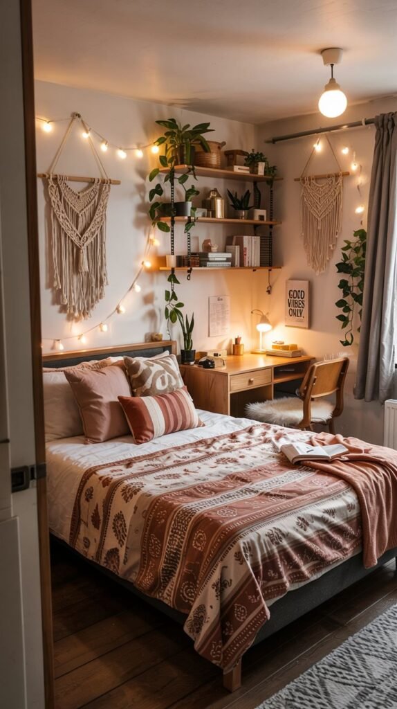 Cozy dorm room decorated in lavender tones, featuring a bed with quilted bedding, a desk with a laptop, and a wall collage of photos.