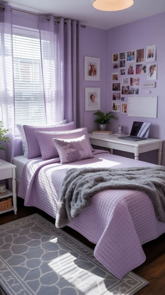 Cozy dorm room with a gray and black color scheme, featuring a bed, a desk with a task chair, and large built-in shelves filled with storage bins.
