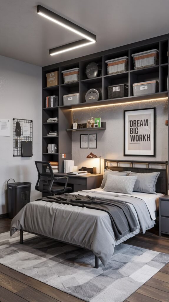 Cozy dorm room with a warm color palette, featuring a bed with a rattan headboard, a desk, wooden furniture, and plants hanging on the wall.