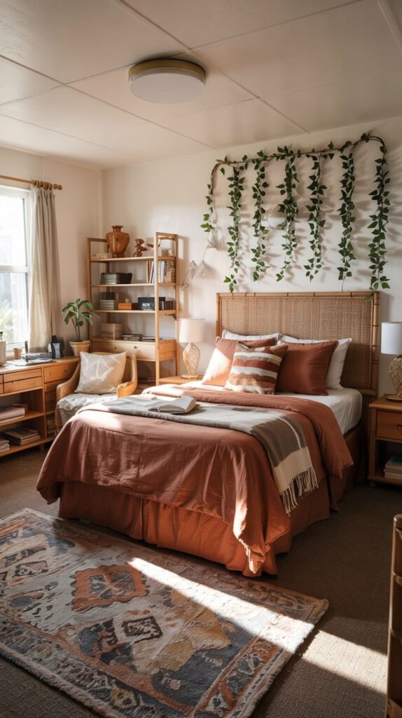 Cozy dorm room with a warm color palette, featuring a bed with a rattan headboard, a desk, wooden furniture, and plants hanging on the wall.