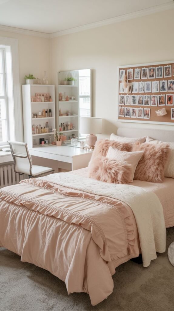 Cozy dorm room in soft pink and cream tones, featuring a bed with furry pillows, a desk area with beauty products, and a photo board above the bed.