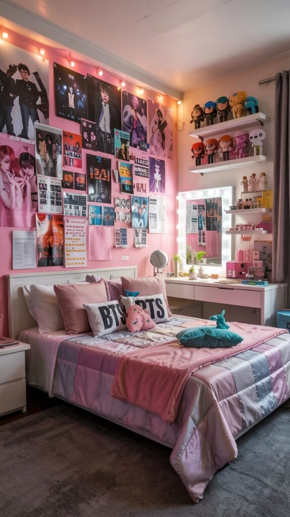 Cozy dorm room with pink walls, decorated with band posters, plush toys, a bed, and a desk with a lit vanity mirror.