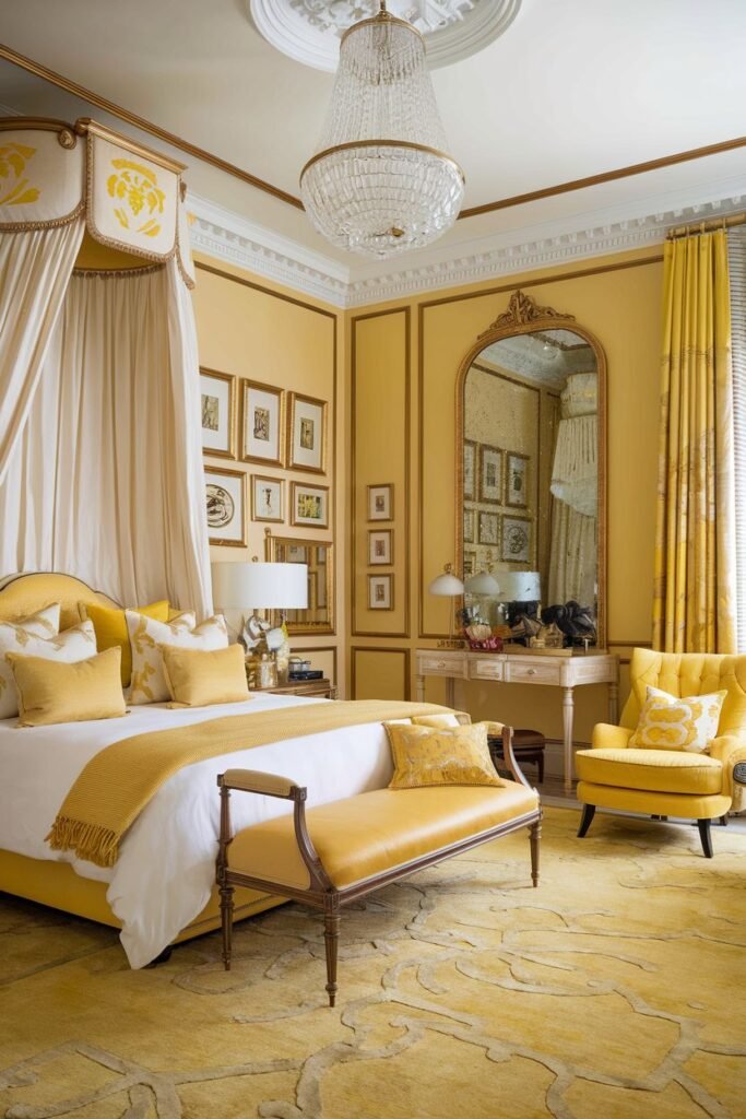 A luxurious and cozy yellow bedroom showcasing a grand canopy bed with yellow textiles, a large ornate mirror, a crystal chandelier, and a small yellow bench at the foot of the bed. A yellow armchair sits in the corner.