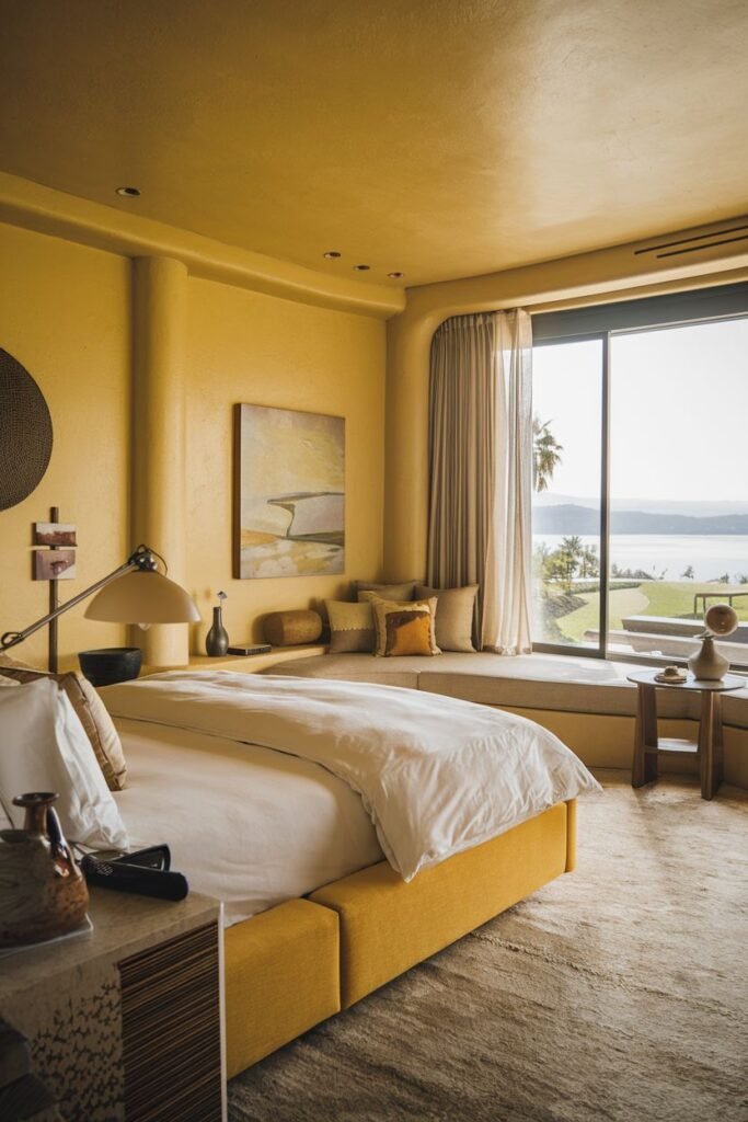 A cozy yellow bedroom with textured walls and a large window offering a view of the landscape. A low bed with yellow upholstery is featured, alongside a built-in window seat and minimalist furniture.