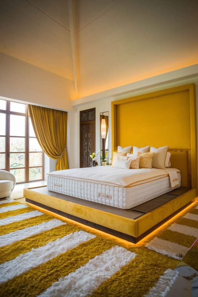 An architecturally interesting cozy yellow bedroom featuring a large bed on a lighted yellow platform. A bold yellow and white striped rug covers the floor, adding a vibrant touch.