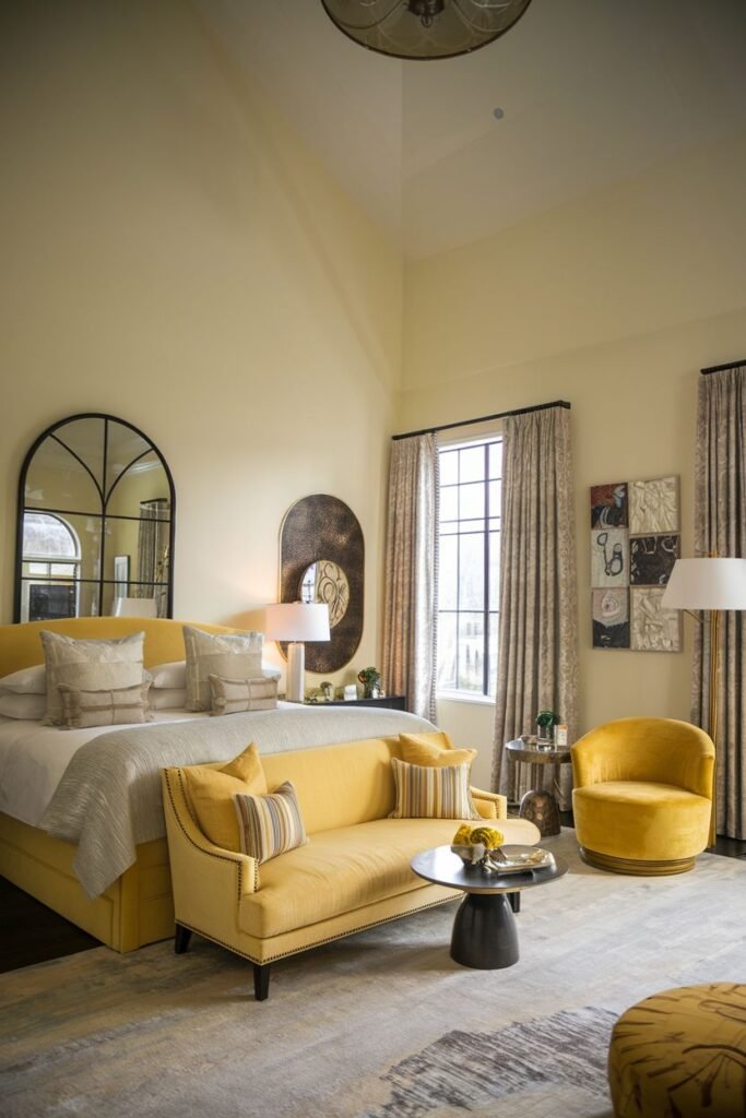 A spacious and cozy yellow bedroom with a vaulted ceiling. The bed is upholstered in yellow, and a yellow sofa and a round yellow armchair provide seating. A large arched mirror hangs above the bed.