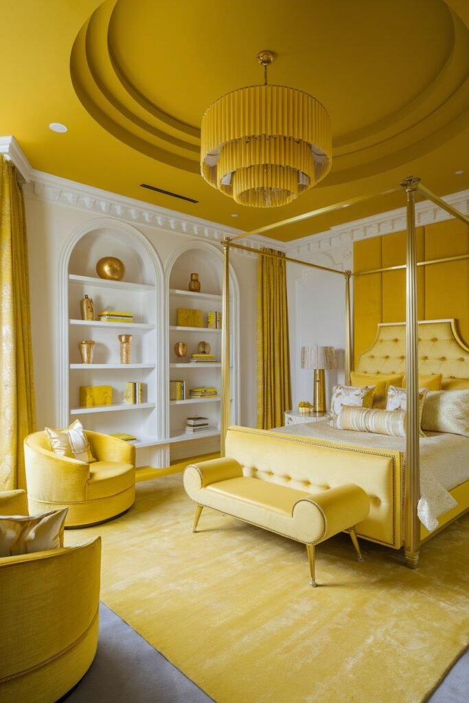 A dramatically decorated and cozy yellow bedroom with a yellow painted ceiling and layered circular molding. A golden four-poster bed is centered, with a matching yellow bench and yellow swivel armchairs in the room.