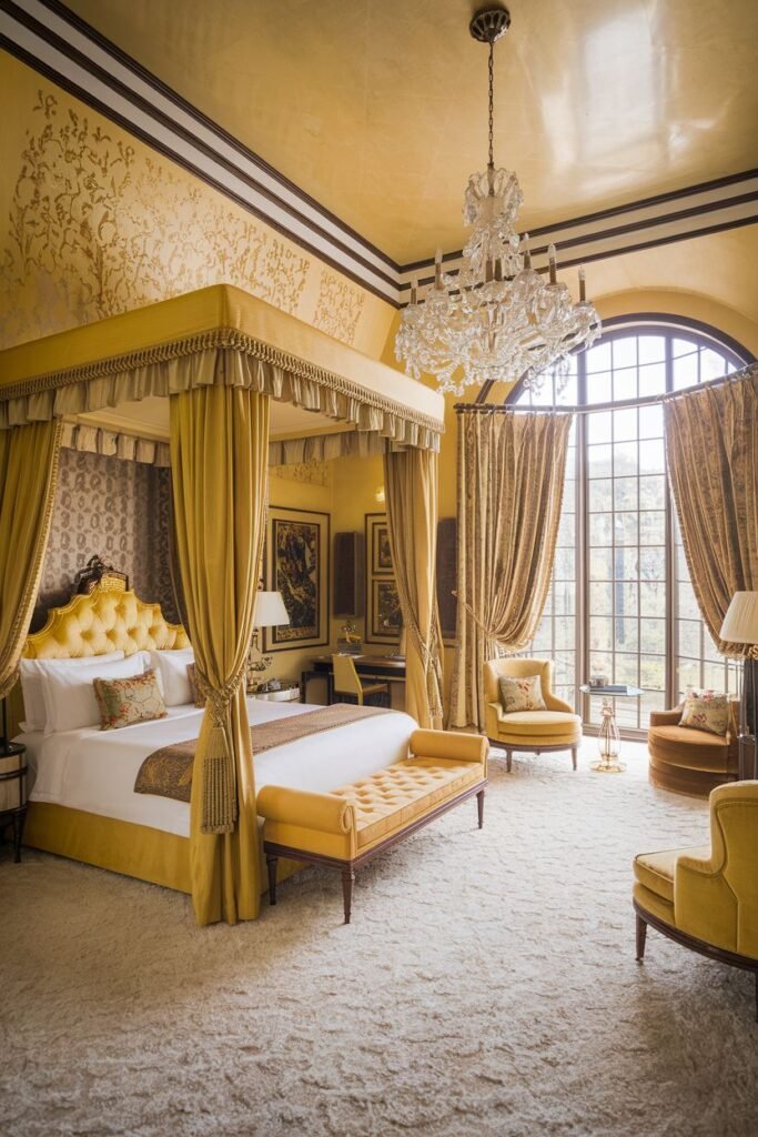 A luxurious and cozy yellow bedroom featuring a draped four-poster bed with yellow fabric and ornate details. Large arched windows are draped with patterned yellow curtains. The room contains several yellow armchairs.