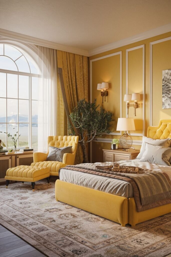 A serene and cozy yellow bedroom with a tufted yellow bed and a matching yellow chaise lounge placed by an arched window. The room is decorated with warm yellow wall panels and sconce lighting.