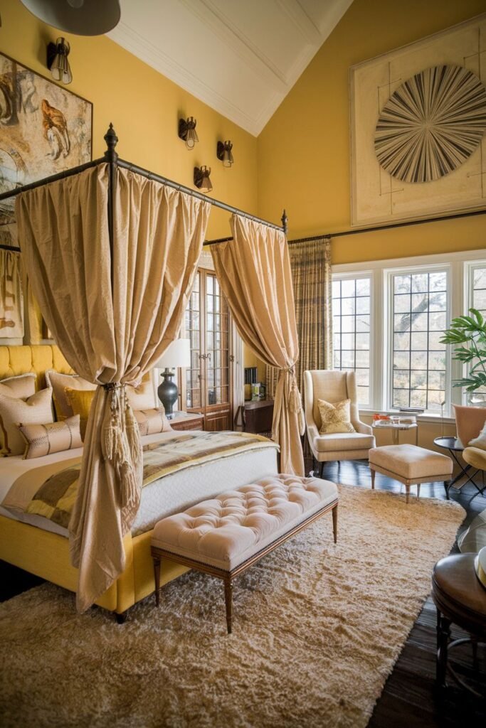A grand and cozy yellow bedroom with a high vaulted ceiling. A canopy bed draped in yellow fabric is central, and the room includes a fireplace, a bench, and several seating areas.