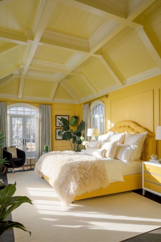 A sunny and cozy yellow bedroom with a bright yellow ceiling featuring white beam details. A large bed is dressed with white pillows and a fluffy white throw. Yellow drapes frame the windows.