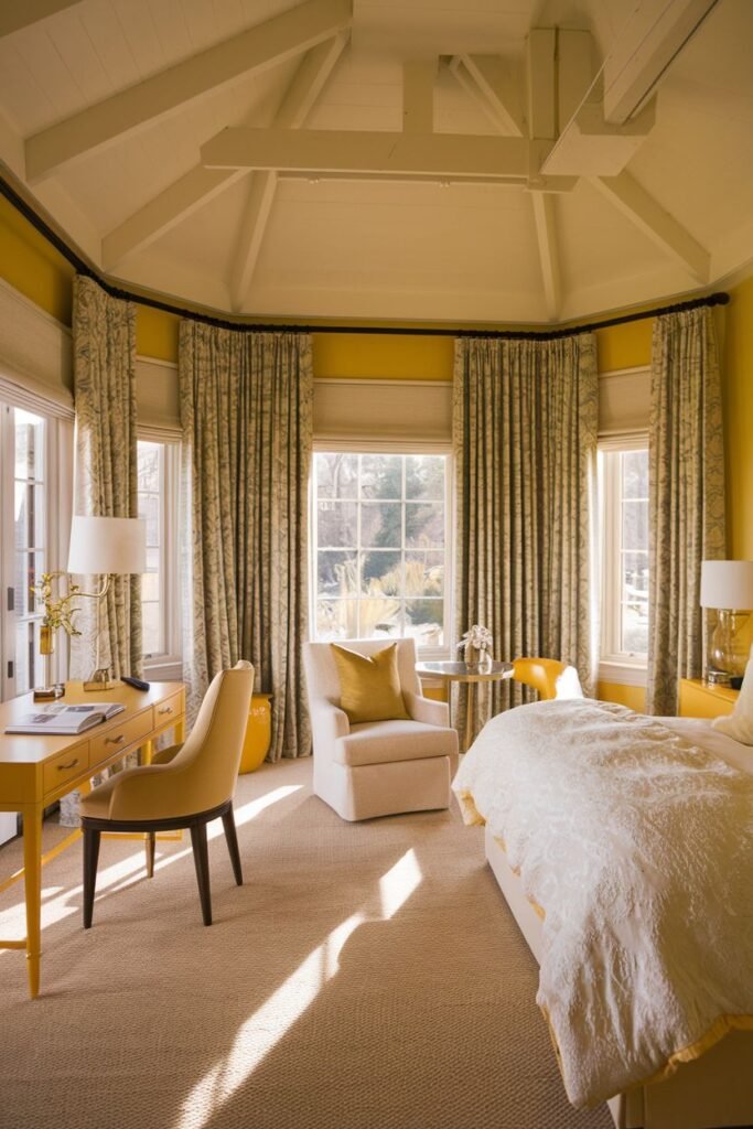 A hexagonal-shaped, cozy yellow bedroom with a vaulted ceiling and multiple windows draped in patterned fabric. A yellow desk area is set up, and a yellow armchair provides a comfortable seating spot.