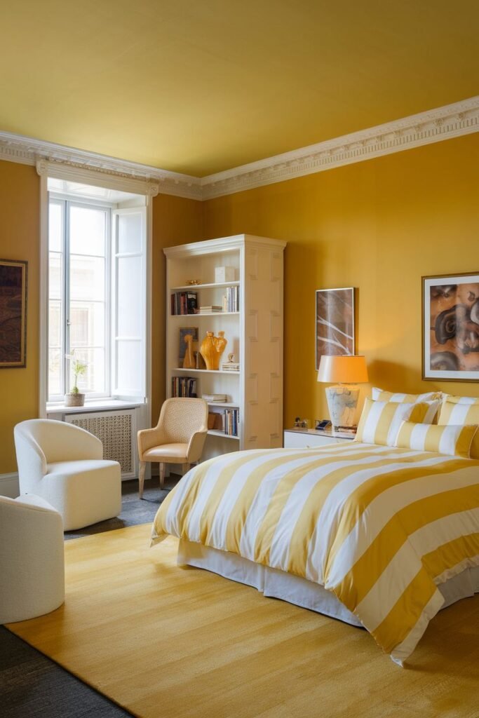 A modern and cozy yellow bedroom with bold yellow and white striped bedding. The room has a prominent white bookshelf and two unique white armchairs, set against yellow walls.
