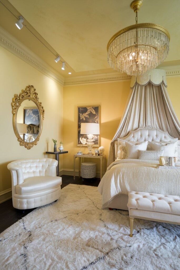 This cozy yellow bedroom includes a canopy bed with white bedding, a white tufted armchair, and a large textured area rug covering a dark wood floor. A crystal chandelier hangs from the ceiling.