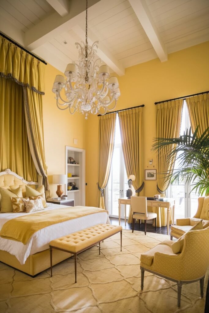 A spacious and cozy yellow bedroom featuring a crystal chandelier and a canopy bed upholstered in yellow. The room includes a desk area, a bench at the foot of the bed, and yellow armchairs.