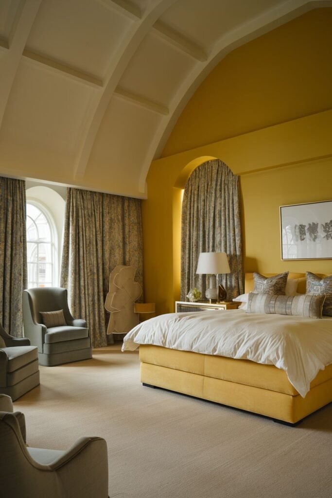A cozy yellow bedroom with a unique arched ceiling feature and high window. The walls are painted yellow, and the room contains a yellow upholstered bed and two gray armchairs.