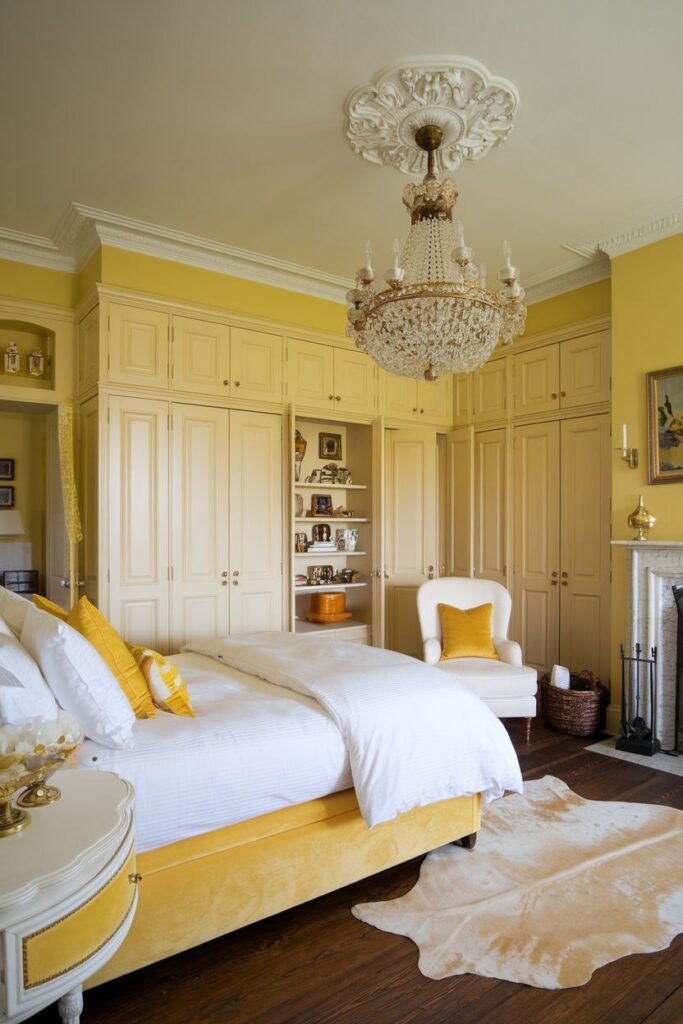 A charming and cozy yellow bedroom with extensive built-in wardrobes painted yellow. The room has a bed with a yellow upholstered base, a crystal chandelier, and a small armchair.