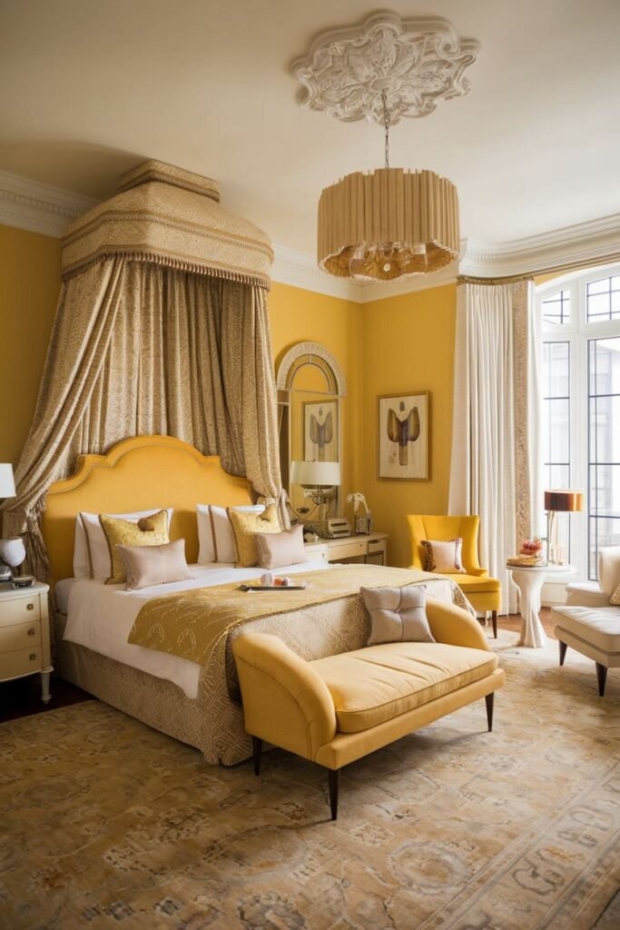 An elegant and cozy yellow bedroom with a bed featuring a draped canopy in yellow fabric. A distinctive drum chandelier hangs from the ceiling. The room is furnished with a yellow bench and yellow armchairs.