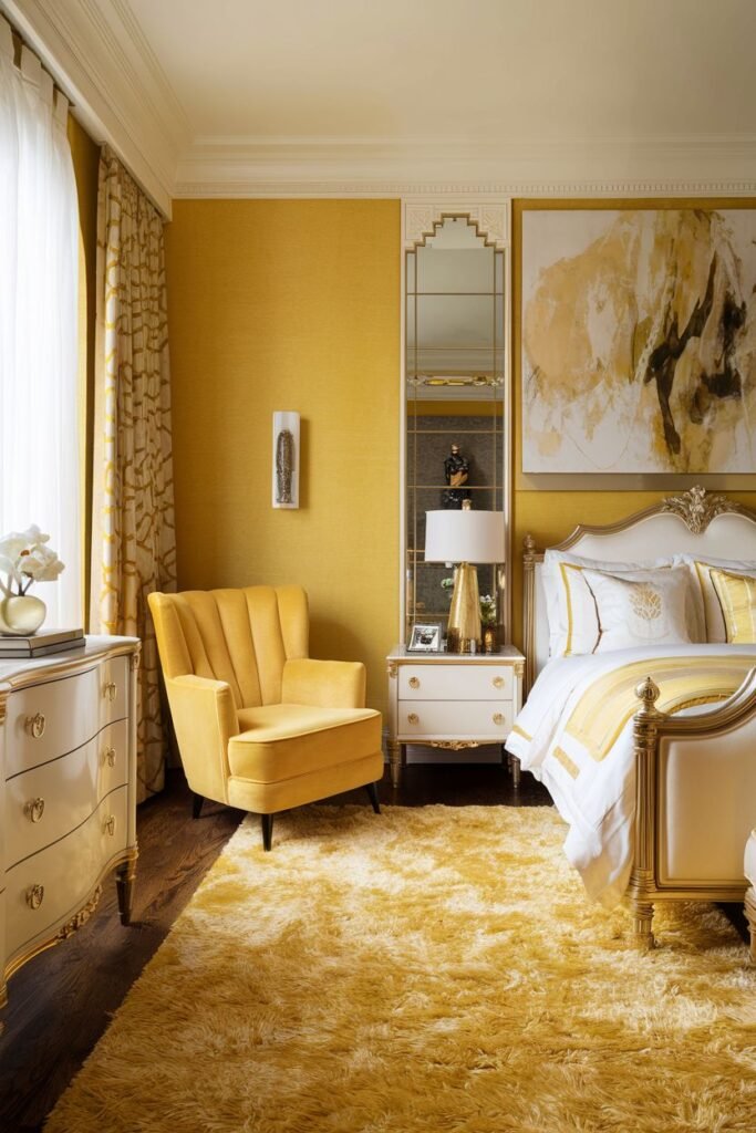 A stylish and cozy yellow bedroom with a bed featuring ornate details. A yellow winged armchair and a chest of drawers are placed near the window, on a fluffy yellow rug.
