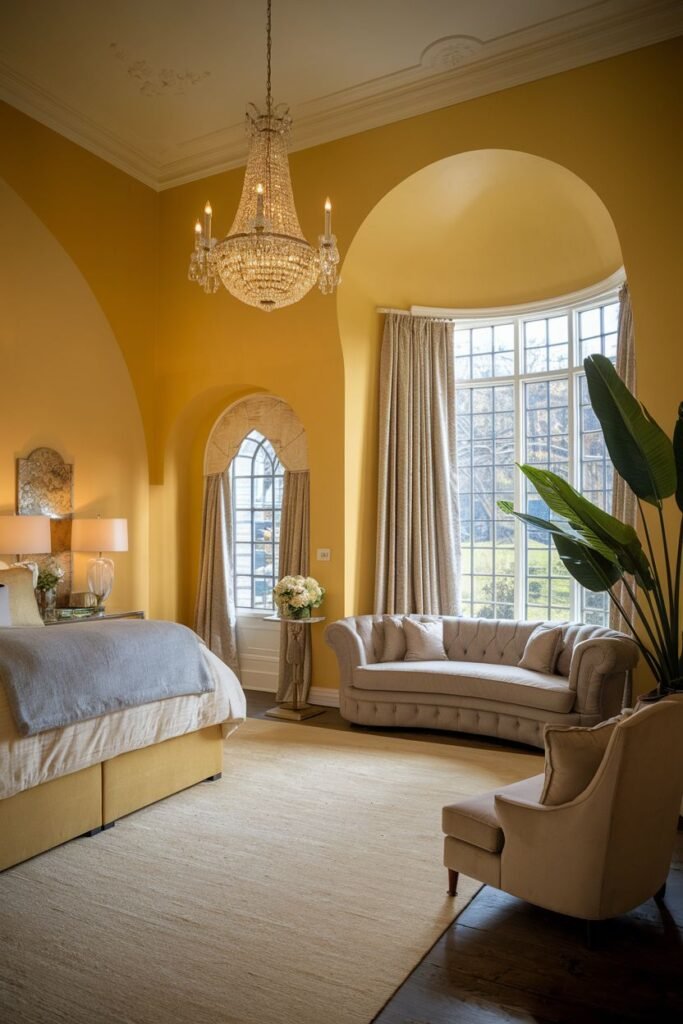 A bright and cozy yellow bedroom featuring architectural elements like arched doorways and a large bay window. The room contains a settee and armchair, and a crystal chandelier.