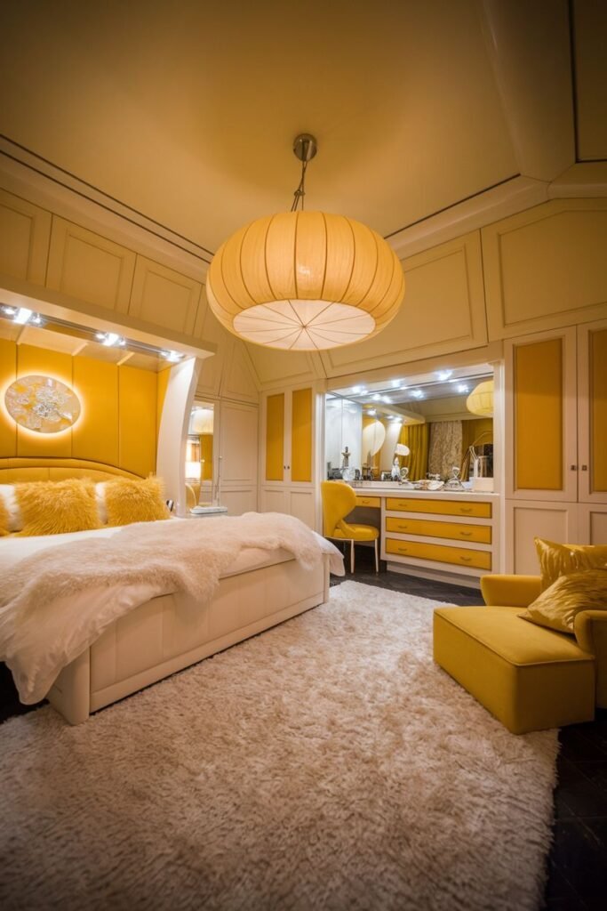 A modern and cozy yellow bedroom with integrated lighting illuminating the walls and bed area. The room has a large, fluffy rug and a dedicated vanity area with a yellow chair.