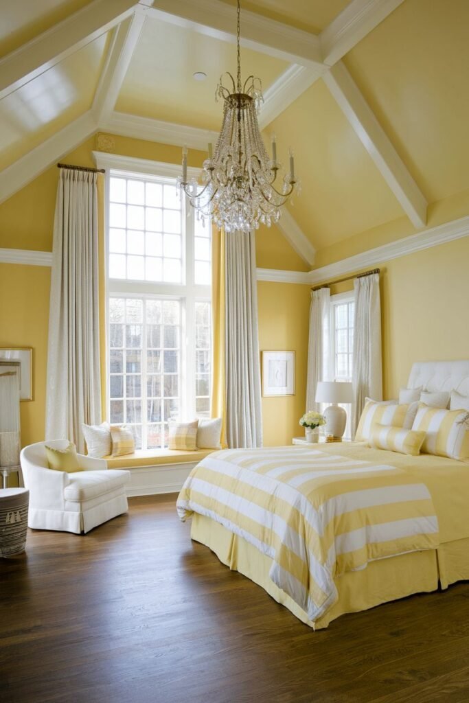A airy and cozy yellow attic bedroom with a vaulted, beamed ceiling. A large window seat is built into a tall window. The room features a bed with yellow and white striped bedding and a white armchair.