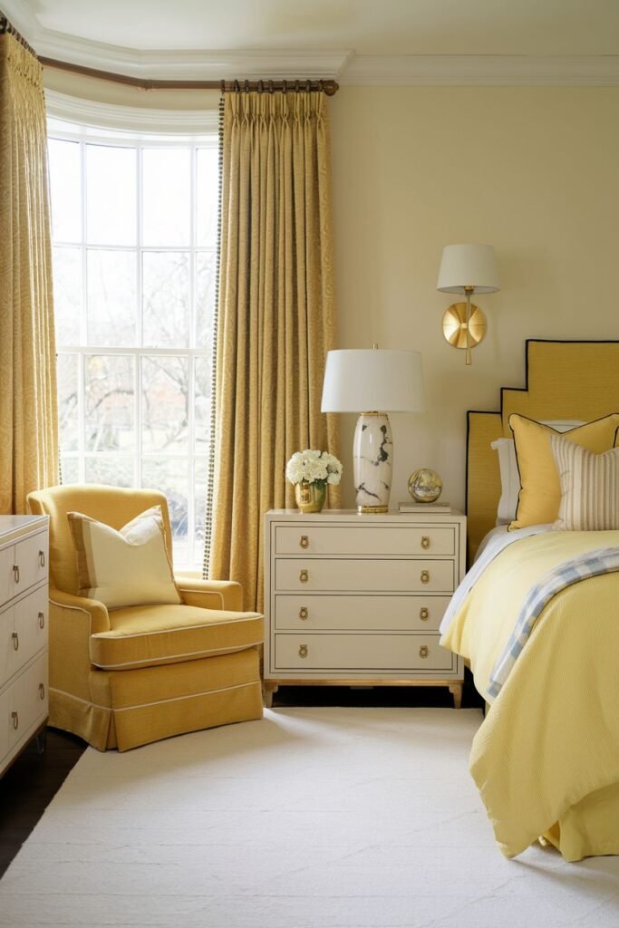 A cozy yellow bedroom features a plush yellow armchair positioned next to a large bay window with flowing yellow drapes. A bed with a yellow headboard and bedding, along with a white chest of drawers, completes the inviting space.