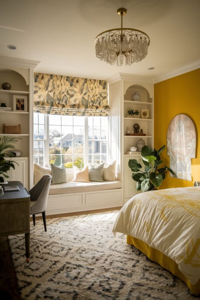 A bright and cozy yellow bedroom with a built-in window seat filled with pillows, flanked by built-in bookshelves. A bed with yellow bedding, a desk, and a large plant are also visible.