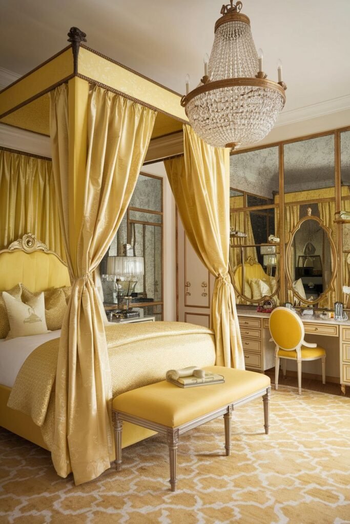 A striking cozy yellow bedroom featuring a detailed four-poster bed draped in yellow fabric. The room includes mirrored wall panels, a vanity area with a yellow chair, and a crystal chandelier.