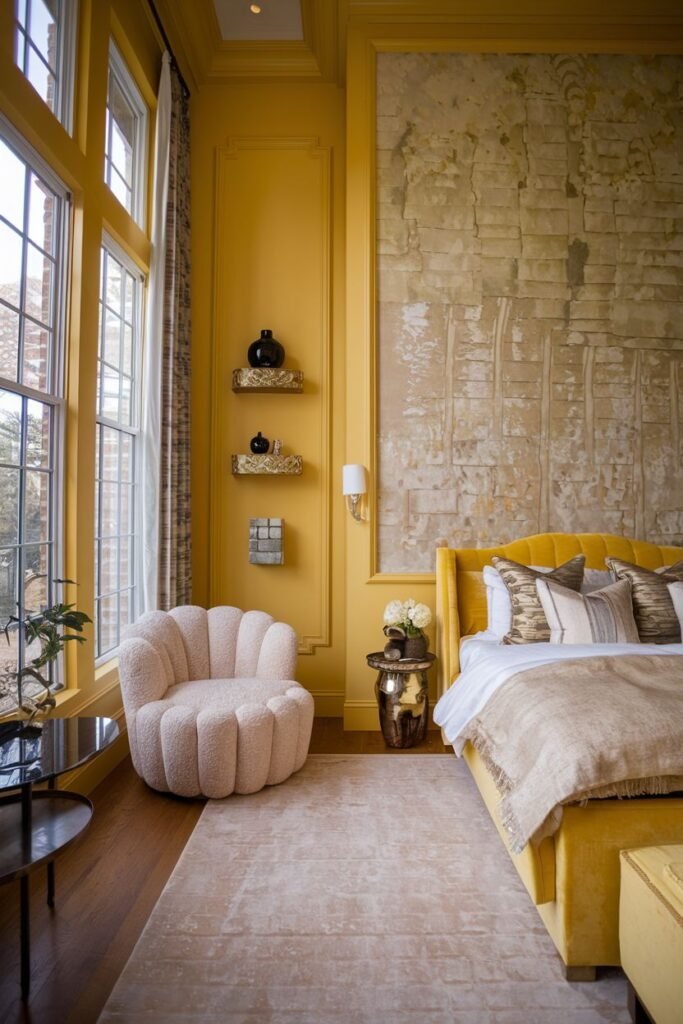 A cozy yellow bedroom with a large window and yellow upholstered bed. Unique decorative shelves are mounted on the yellow wall, and a distinctive textured armchair is placed in the foreground.