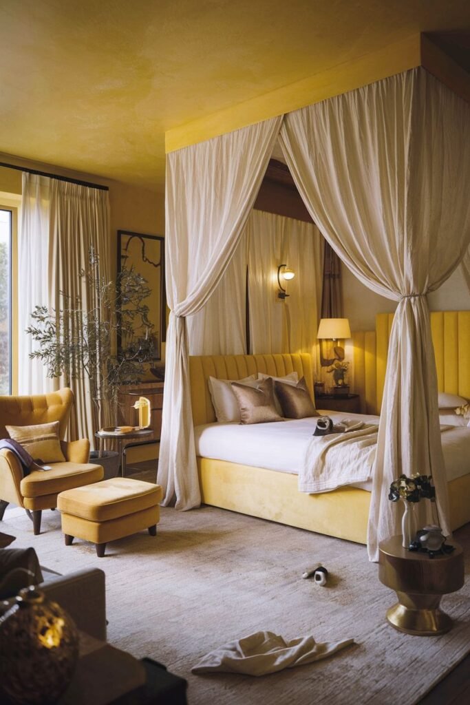 A spacious and cozy yellow bedroom with a yellow upholstered bed under a draped canopy. The room is furnished with a comfortable yellow armchair and ottoman, and bathed in warm light.