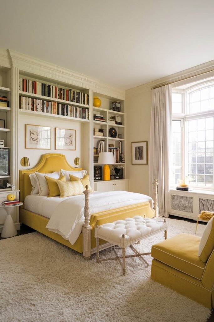 A cozy yellow bedroom showcasing a bed with a yellow frame and headboard, complemented by a white tufted bench at the foot. Built-in bookshelves line one wall, and a yellow armchair is placed near a window.