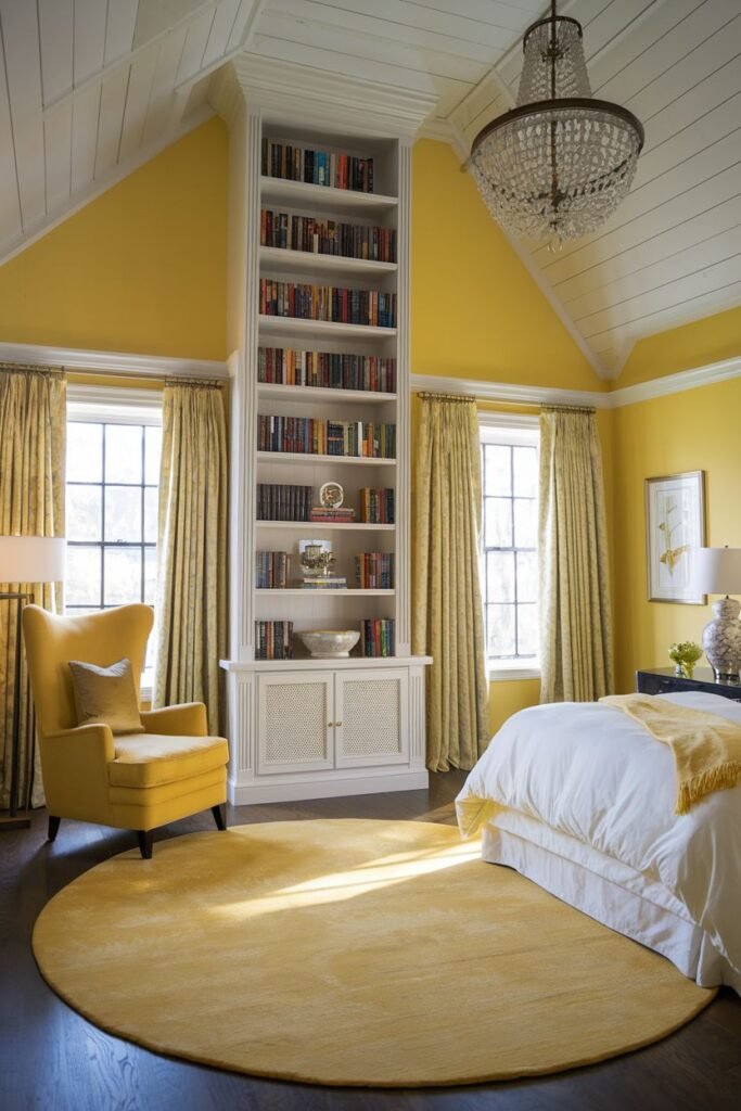 A cozy yellow attic bedroom with a vaulted ceiling and exposed beams. A tall built-in bookshelf is centered on the wall, and a circular yellow rug defines a seating area with a yellow armchair.