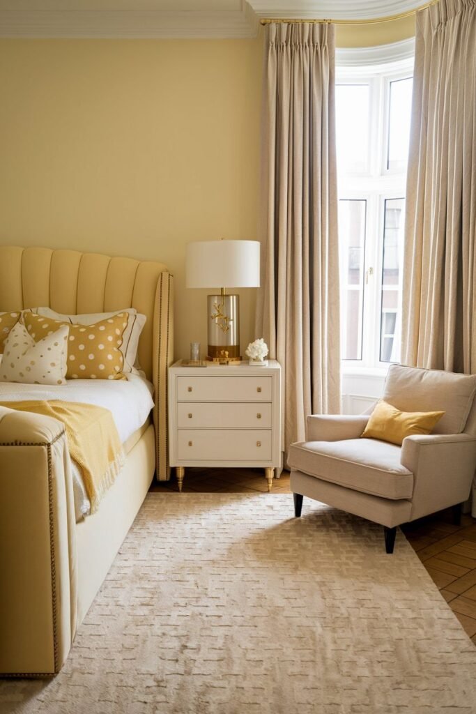 A tranquil and cozy yellow bedroom with a padded headboard on the bed. A white nightstand sits beside the bed, and a neutral-toned armchair is placed by a bay window, resting on a textured rug.