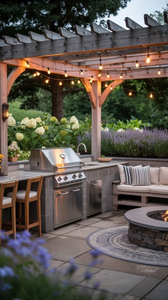 An Outdoor Grill Station under a wooden pergola with string lights. The kitchen includes a stainless steel grill, countertop, sink, and cabinetry. It is built with stone blocks. Seating is available at a counter with bar stools and on a cushioned sofa next to a fire pit. Lush plants and lavender are visible in the background.