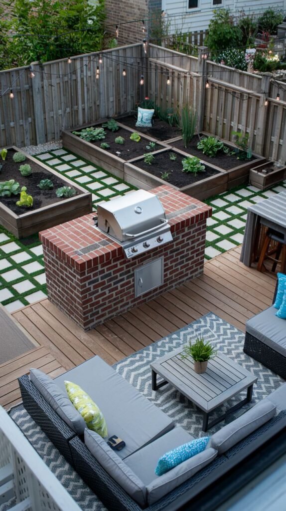An overhead view of a backyard area with a brick Outdoor Grill Station island featuring a stainless steel grill and cabinetry, located on a wooden deck. There is a large sectional sofa and coffee table on the deck. Adjacent to the deck is a patio area with square pavers and grass, and raised garden beds. String lights are strung across the yard.