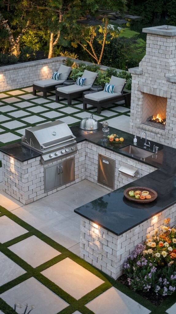An elevated view of an Outdoor Grill Station area with a stainless steel grill, sink, and cabinetry built into white brick structures with black countertops. There is a white brick fireplace. The patio has large square pavers with grass between them. Lounge chairs and flowers are visible.