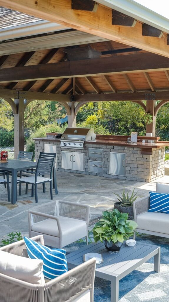 An Outdoor Grill Station area with a stainless steel grill and cabinetry built into a stone and brick base, with wooden countertops, located under a wooden gazebo. Outdoor seating with striped cushions and a coffee table is in the foreground, and a dining table is visible in the background.