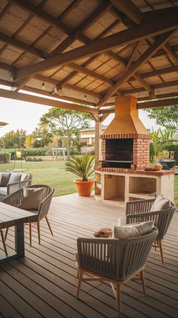 An outdoor cooking area under a wooden gazebo with a built-in brick barbecue or Outdoor Grill Station. The area has a wooden deck. Outdoor chairs are around a table in the foreground.