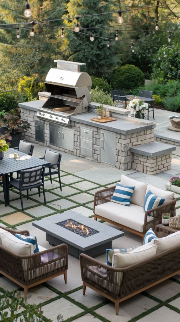 An Outdoor Grill Station with a stainless steel grill and cabinetry built into a stacked stone base with a stone countertop, on a patio with square pavers and grass between them. String lights are strung overhead. A fire pit is set within a coffee table in the seating area with sofas and striped cushions. A dining table is visible in the background.