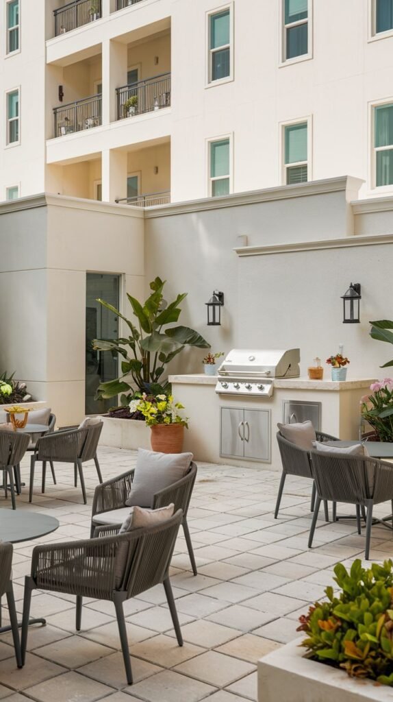 A modern Outdoor Grill Station with a stainless steel grill and cabinetry built against a wall, in an outdoor courtyard with a multi-story building in the background. There is a countertop and decorative wall sconces. Outdoor seating areas with tables and chairs are arranged on the paved patio.