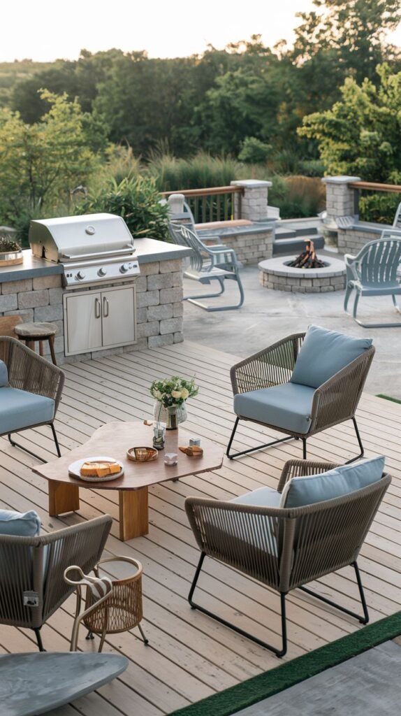 An Outdoor Grill Station with a stainless steel grill and cabinetry built into a stacked stone base with a light-colored countertop, located on a wooden deck. Modern outdoor chairs are arranged around a uniquely shaped coffee table. A fire pit with blue chairs is visible in the background on a patio.