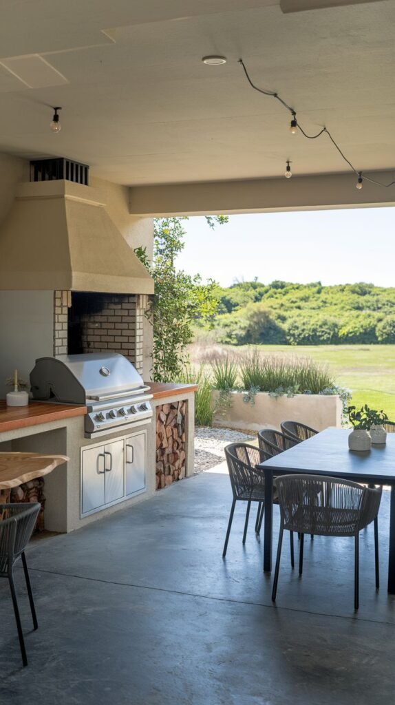 A covered Outdoor Grill Station area with a stainless steel grill, cabinetry, and a brick fireplace with wood storage. It is situated on a concrete patio looking out onto a grassy field. Outdoor seating is arranged around a dining table.