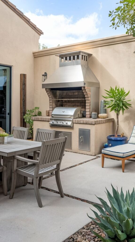 An Outdoor Grill Station area with a stainless steel grill and cabinetry built into a brick and stone base, with a large stainless steel hood, set against a light-colored wall. Outdoor dining furniture is in the foreground, and a lounge chair and potted plant are also visible.