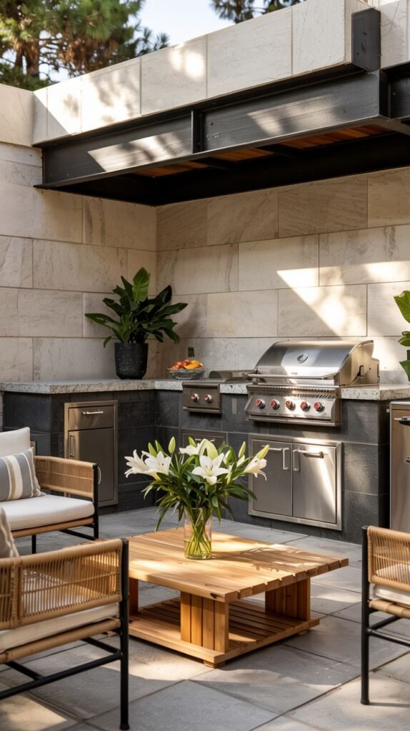 An Outdoor Grill Station area with a built-in stainless steel grill and cabinetry, set against a stone wall. There is a countertop and a large black beam overhead. A wooden coffee table with a vase of white lilies and modern outdoor chairs are in the foreground.