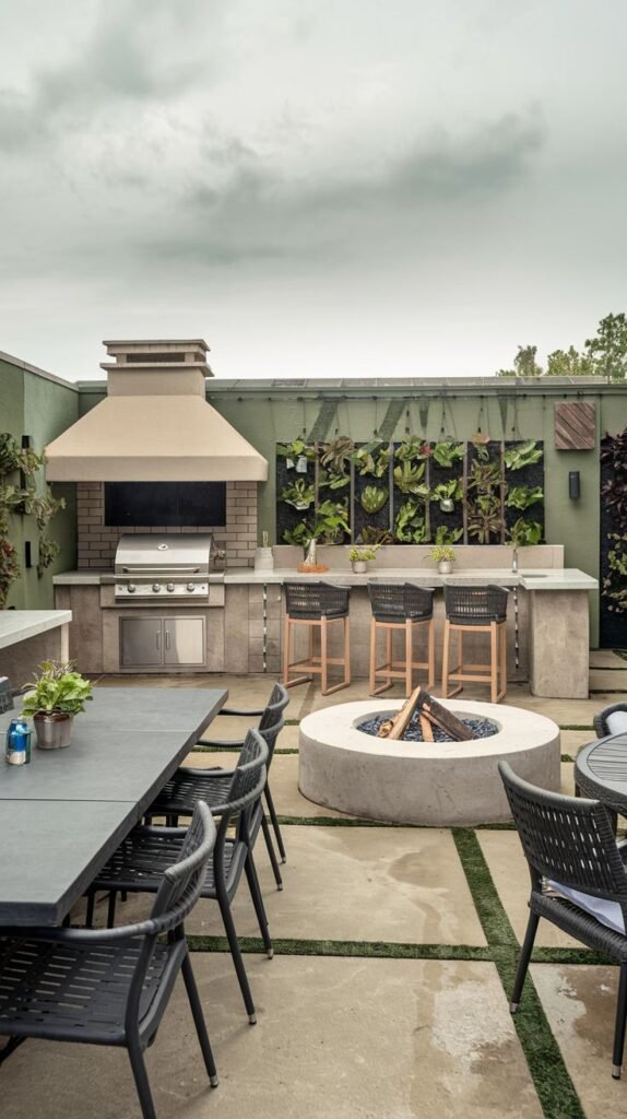A modern Outdoor Grill Station area with a stainless steel grill, cabinetry, and a concrete countertop, built into a light-colored base, with a large hood structure. There is a concrete fire pit on the patio. Outdoor dining furniture and a seating area with bar stools are present. A vertical garden is visible on the wall behind the kitchen.