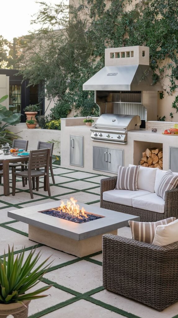 An Outdoor Grill Station area with a stainless steel grill and cabinetry built into a light-colored stone structure with a hood and wood storage niches. Outdoor seating with sofas and striped cushions are arranged around a rectangular fire pit on a patio with square pavers and grass between them. An outdoor dining table is visible in the background.