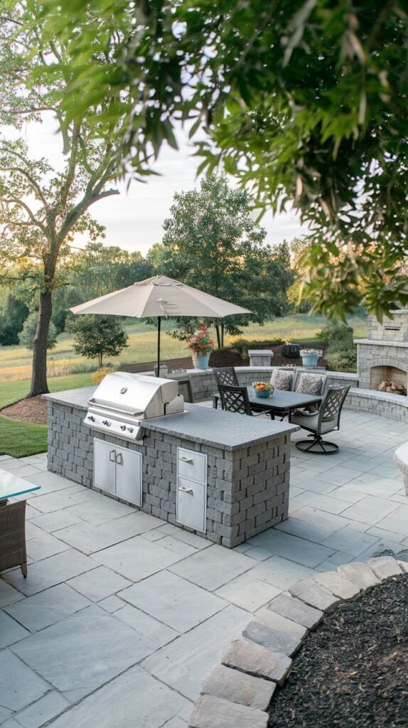 An Outdoor Grill Station island with a stainless steel grill and cabinetry built into a stone block base with a grey countertop, located on a patio. There is a dining area with a round table and chairs, and an umbrella for shade. A fire pit and a stone wall are in the background.