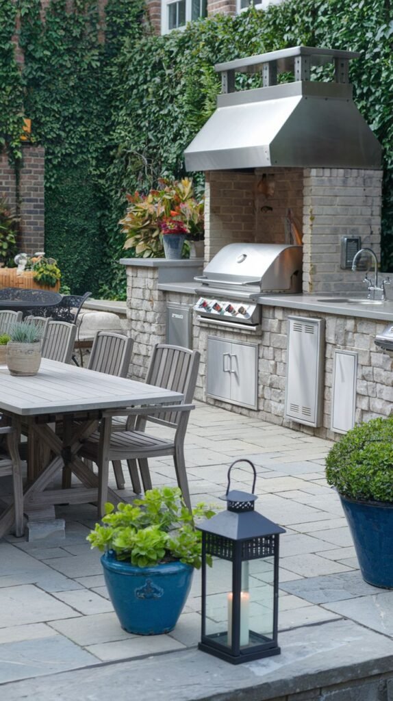 An Outdoor Grill Station with a stainless steel grill, sink, and cabinetry built into a stone and brick base, with a large stainless steel hood. The area is set against a wall covered in ivy. Outdoor dining furniture is in the foreground, and potted plants are visible.